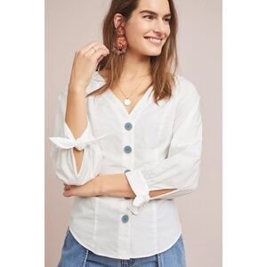Anthropologie MAEVE Tied-Sleeve Poplin Blouse White Blue Buttons Tailored Size 6